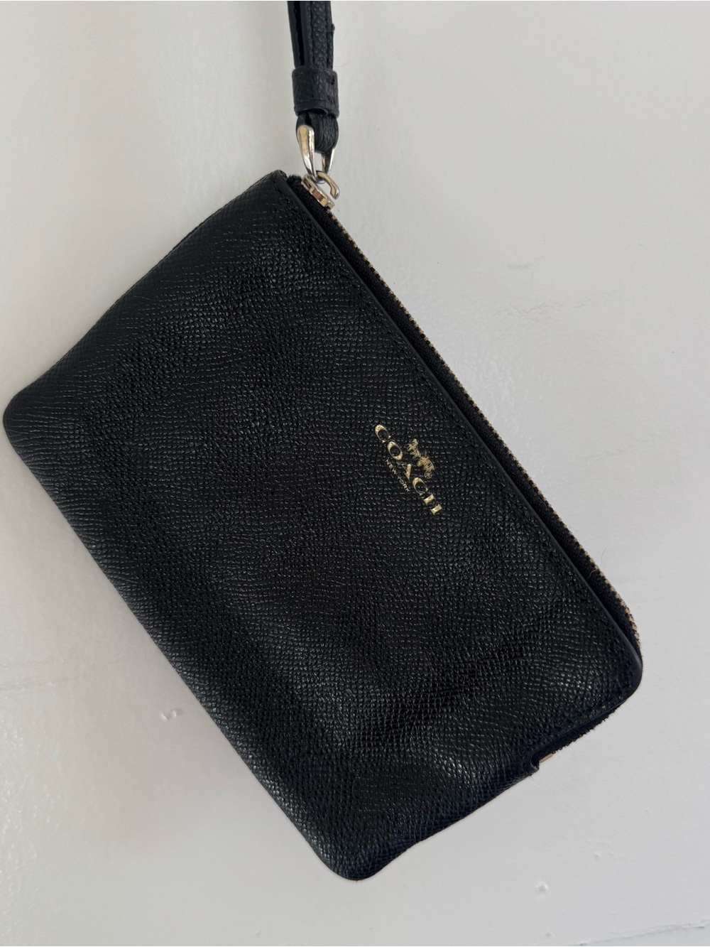 Coach Black Saffiano Leather Wristlet with Gold Logo
